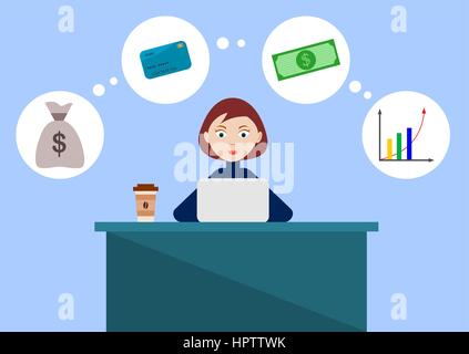 Frau sitzt am Schreibtisch mit dem Laptop mit finanzieller Posten in Sprechblasen. Online Banking, E-Commerce, Börse, Börse, Konzept. Stock Vektor