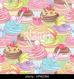 Verschiedene bunte Cupcakes dichtes nahtlose Muster Stock Vektor