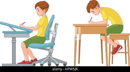 Schüler jungen schreiben. Falsche und richtige Sitzposition zurück. Vektor-Illustration isoliert auf weißem Hintergrund. Stock Vektor