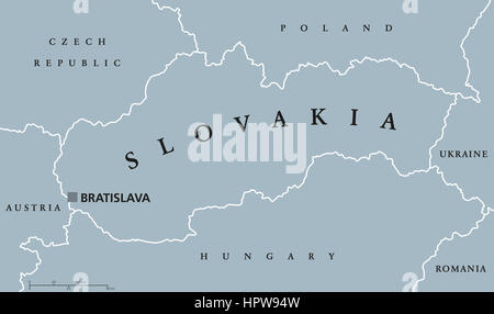 Slowakei Landkarte mit Hauptstadt Bratislava, nationale Grenzen und Nachbarländern. Die Slowakische Republik ist ein Binnenstaat in Mitteleuropa Stockfoto