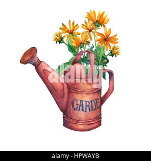 Vintage Gießkanne rot Garten mit einem Bouquet von gelben Blüten. Handgezeichnete Aquarell auf weißem Hintergrund. Stockfoto