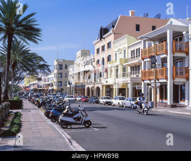 Pastellfarbenen Kolonialbauten, Front Street, Hamilton, Pembroke Parish, Bermuda Stockfoto