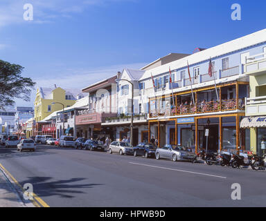 Pastellfarbenen Kolonialbauten, Front Street, Hamilton, Pembroke Parish, Bermuda Stockfoto
