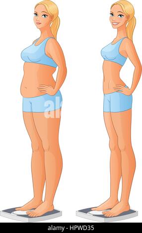 Frau auf Skala vor und nach der Gewichtsabnahme. Vektor-illustration Stock Vektor