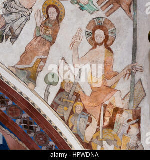 Auferstehung Jesu aus dem Grab vor den Soldaten. Ein gotisches Fresko in Skibby Kirche, Dänemark - 21. Februar 2017 Stockfoto