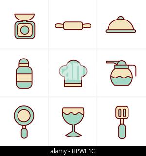 Symbole Stil kochen Lebensmittel und Küche Umriss Icons set Stock Vektor