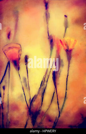 vertikale abstrakte Aquarell, wilde Blumen und Zweige, Grunge rote Farben Stockfoto