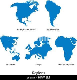 Detaillierten Vektorkarte von Nord - Mittelamerika, Asien/Pazifik, Europa, Südamerika, Mitte und Ost-Afrika, Regionen auf weiß Stock Vektor