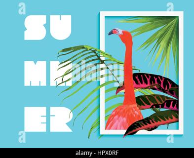 Tropischer Sommer Kunst mit Dschungel Natur Dekoration und Flamingo Vogel Innenrahmen. Palme Blätter Hintergrund, exotische Pflanzen in modernen grafischen Mode Stock Vektor