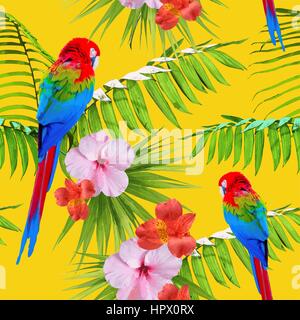 Tropischen Musterdesign print mit exotischen Sommer Natur Dekoration. Enthält Hibiskusblüten, bunte Vögel und Palm verlässt. Stock Vektor
