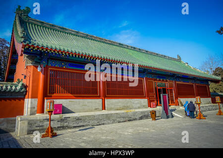 Peking, CHINA - 29. Januar 2017: Tempel des Himmels, Imperial Komplex verschiedene Sakralbauten befindet sich im südöstlichen zentralen Stadtteil. Stockfoto