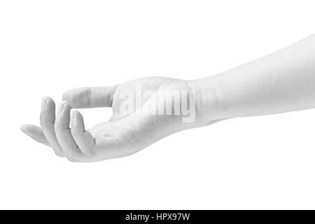 schwarze und weiße Closeup Schuss einer entspannten menschlichen Hand, isoliert auf weißem Hintergrund. Stockfoto