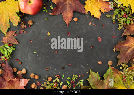 Zusammensetzung von Haselnüssen, getrockneten Beeren, Früchte und farbenfrohe Blätter auf einem Darck Hintergrund mit Exemplar. Stockfoto