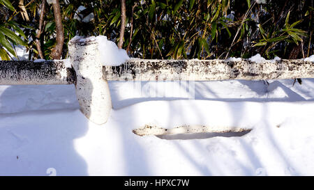 Closeup Snow und Geländer im Gehweg Wald Noboribetsu Onsen Schnee Winter Nationalpark in Jigokudani, Hokkaido, Japan Stockfoto