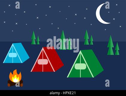 Drei Zelte unter dem Himmel voller Sterne. Campingplatz mit Hütten in der Nacht. Camping, Wandern, Natur, Tourismus, Abenteuer, Reise, Flucht in die Natur. Stock Vektor