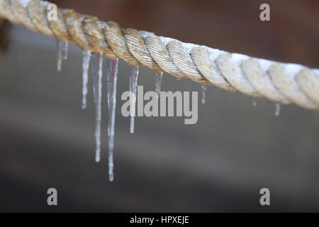 Eiszapfen hängen an einem Seil Stockfoto