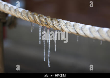 Seil mit Eiszapfen Stockfoto
