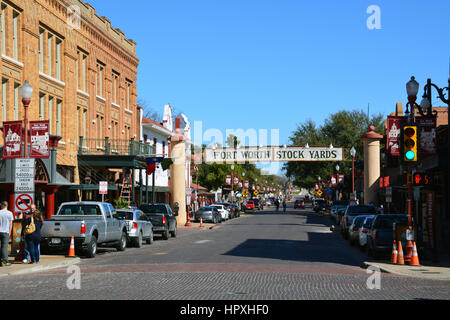 Der Haupteingang und Straßenschild führt in die Altstadt von Fort Worth Storch Hof. Stockfoto