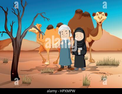 Zwei arabische Menschen und Kamelen in Wüste Abbildung Stock Vektor