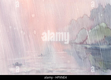 Aquarell handgezeichnete Abbildung von Morgen Regen Landschaft mit einem See und Bäumen. Die Fischer Boote auf dem See. Künstlerischen regnerischen Hintergrund. Stockfoto