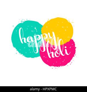 Happy Holi handschriftliche Beschriftung mit Farbe bespritzt. Frühling Festival der Farben. Moderne Vektor hand gezeichnete Kalligraphie für Ihr design Stock Vektor