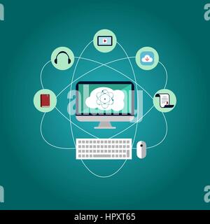 Online Bildung Konzept mit Atom und Bildung Symbole. PC und Cloud Computing Möglichkeiten, Download, Lernen, Hören, Lesen. Das Atom als Symbol. Vektor Stock Vektor