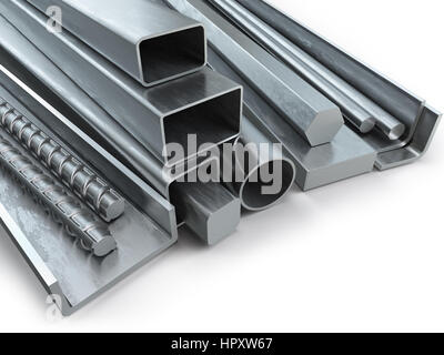 Verschiedene Metall-Produkte. Edelstahl-Profilen und Rohren. 3D illustration Stockfoto