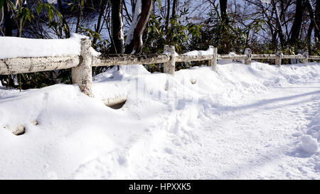 Schnee, Gehweg und Geländer im Wald Noboribetsu Onsen Schnee Winter Nationalpark in Jigokudani, Hokkaido, Japan Stockfoto