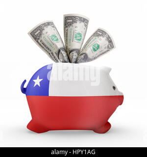 Seitlicher Blick auf ein Sparschwein mit dem Flaggendesign von Chile. (Serie) Stockfoto