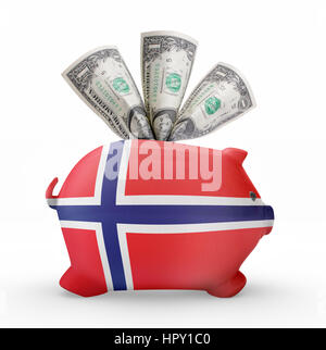 Seitlicher Blick auf ein Sparschwein mit dem Flaggendesign Norwegens. (Serie) Stockfoto