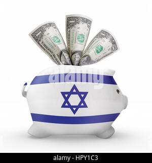 Seitlicher Blick auf ein Sparschwein mit dem Flaggendesign Israels. (Serie) Stockfoto