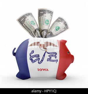 Seitlicher Blick auf ein Sparschwein mit dem Flaggendesign von Iowa. (Serie) Stockfoto