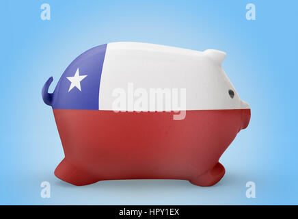 Seitlicher Blick auf ein Sparschwein mit dem Flaggendesign von Chile. (Serie) Stockfoto