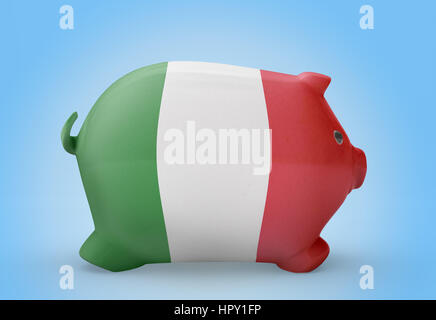 Seitlicher Blick auf ein Sparschwein mit dem Flaggendesign von Italien. (Serie) Stockfoto