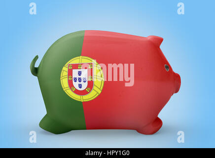 Seitlicher Blick auf ein Sparschwein mit dem Flaggendesign Portugals. (Serie) Stockfoto