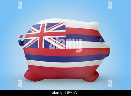 Seitlicher Blick auf ein Sparschwein mit dem Flaggendesign von Hawaii. (Serie) Stockfoto