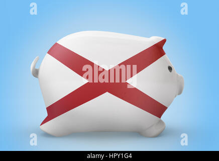 Seitlicher Blick auf ein Sparschwein mit dem Flaggendesign von Alabama. (Serie) Stockfoto