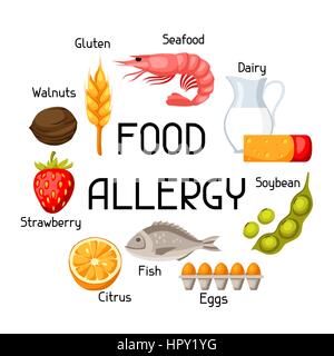 Lebensmittel-Allergie Hintergrund mit Allergenen und Symbole. Vektor-Illustration für medizinische Websites Werbung Medikamente Stock Vektor