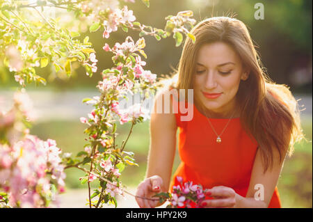 schöne junge Frau riechen eine Blume im Frühlingspark. Stockfoto
