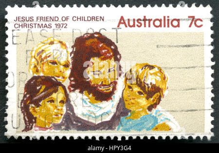 Australien - ca. 1972: Eine gebrauchte Briefmarke aus Australien, porträtiert eine Abbildung und Beschriftung Jesus Freund der Kinder - zum Gedenken an Weihnachten Stockfoto