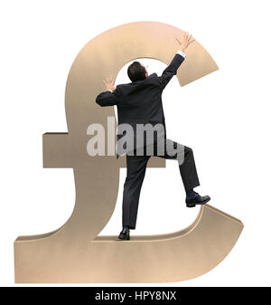 Business-Mann Klettern ein britisches Pfund-Zeichen Stockfoto
