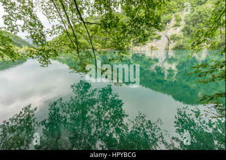 Die Bäume und Gebirgsformationen spiegeln sich in den kristallklaren Seen von Plitvice Lakes National Park, einer der ältesten Nationalparks in Europa Stockfoto