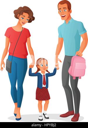Junge Mädchen in Schuluniform ist Schule zum ersten Mal mit ihren Eltern Hand in Hand gehen. Cartoon-Vektor-Illustration isoliert auf weiss Stock Vektor