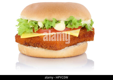 Fisch burger fishburger Hamburger Käse auf einem weißen Hintergrund isoliert Stockfoto