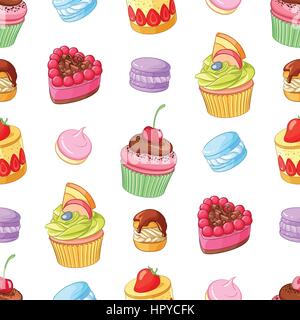 Sortierte leuchtend bunte Desserts, Cupcakes und Makronen. Nahtlose Vektormuster isoliert auf weißem Hintergrund. Stock Vektor