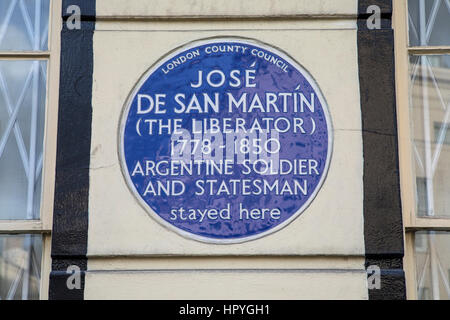 LONDON, UK - 16. Februar 2017: Eine blaue Plakette an der Park Road in London, den Ort markieren, wo argentinischer Soldat und Staatsmann Jose De San Martin o Stockfoto