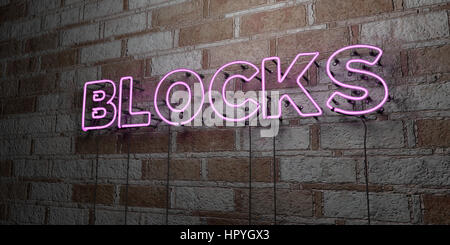 Blöcke - Glowing Leuchtreklame auf Mauerwerk Wand - 3D gerendert Lizenzgebühren freie stock Illustration.  Einsetzbar für Online-Bannerwerbung und Direct-Mailings. Stockfoto