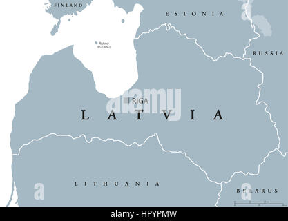 Lettland politische Karte mit Hauptstadt Riga, nationale Grenzen und Nachbarländern. Republik im Norden Europas, eines der drei baltischen Staaten. Stockfoto