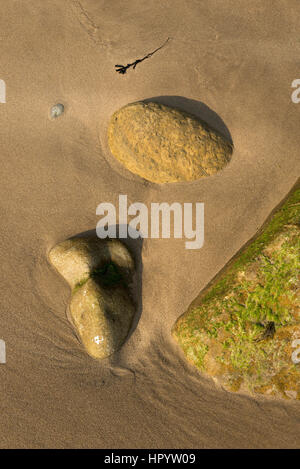 Abstrakte Landschaftsbild von Felsen und sand auf den Strand von Cayton Bay, North Yorkshire, England. Stockfoto