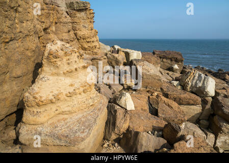 Blick vom Knipe Punkt (Osgodby) in der Nähe von Scarborough auf der Küste von North Yorkshire, England. Ein schöner sonniger Tag auf der felsigen Landzunge. Stockfoto